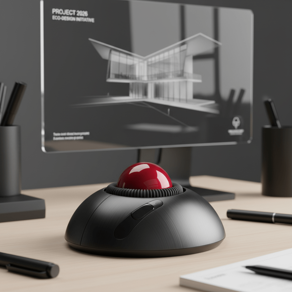 Ambidextrous trackball mouse with aluminum housing on a modern workspace.