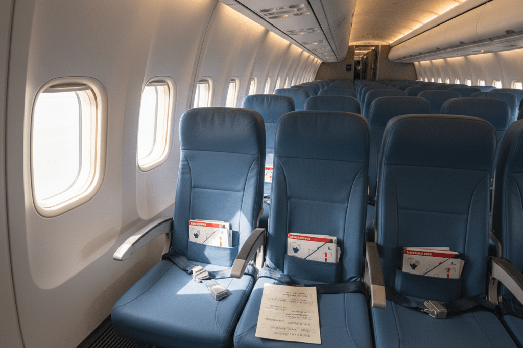 Detailed view of airplane cabin seats and safety equipment during routine maintenance under soft natural lighting