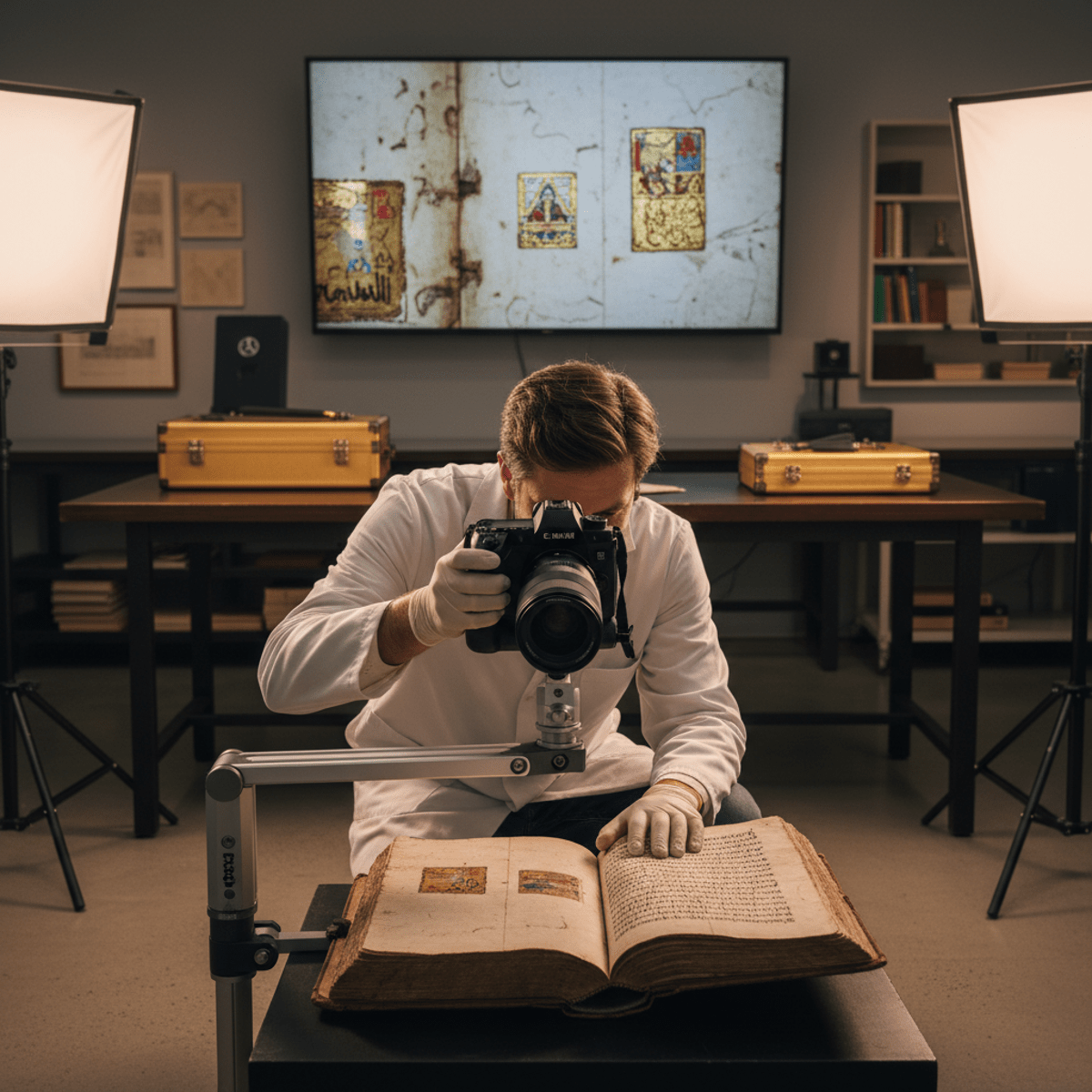 Artist photographs ancient manuscript in a modern conservation studio with advanced technology.