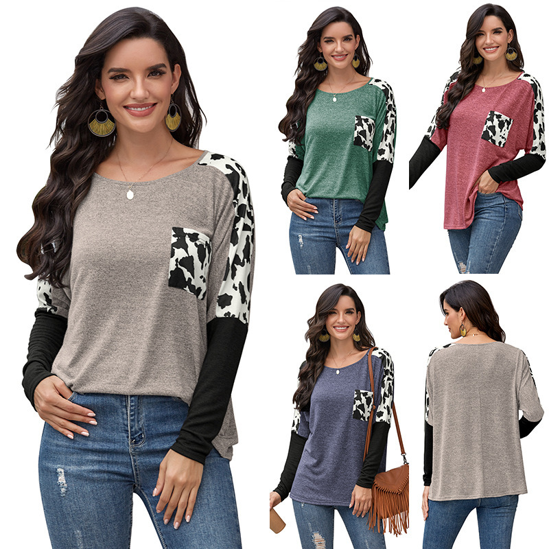 2020 Новая мода; Хит сезона; Леопардовый принт карманы футболка с длинным рукавом для женщин