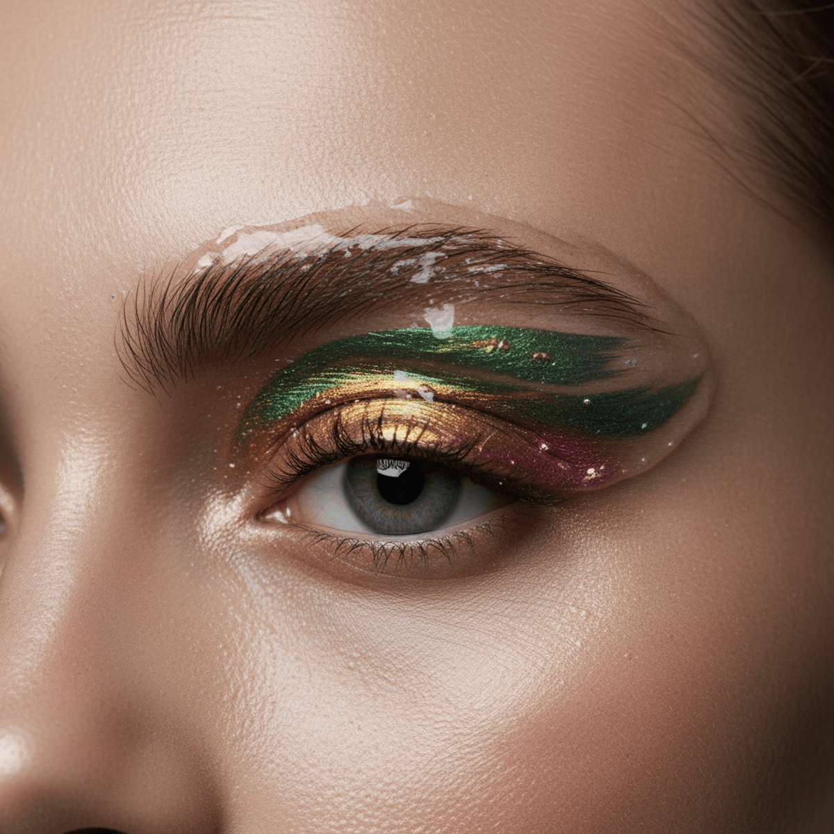 Avant-garde editorial makeup with a holographic unibrow shimmering with iridescent pigments.