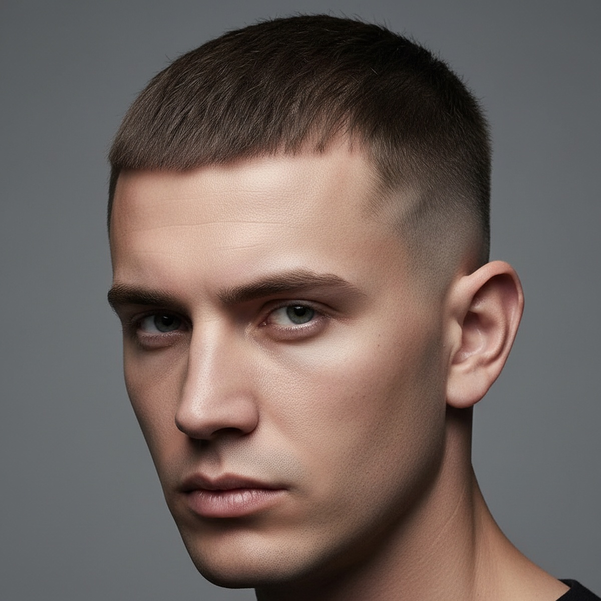 Man with a precise buzz cut and ultra-sharp geometric lineup, showcasing clean angles.