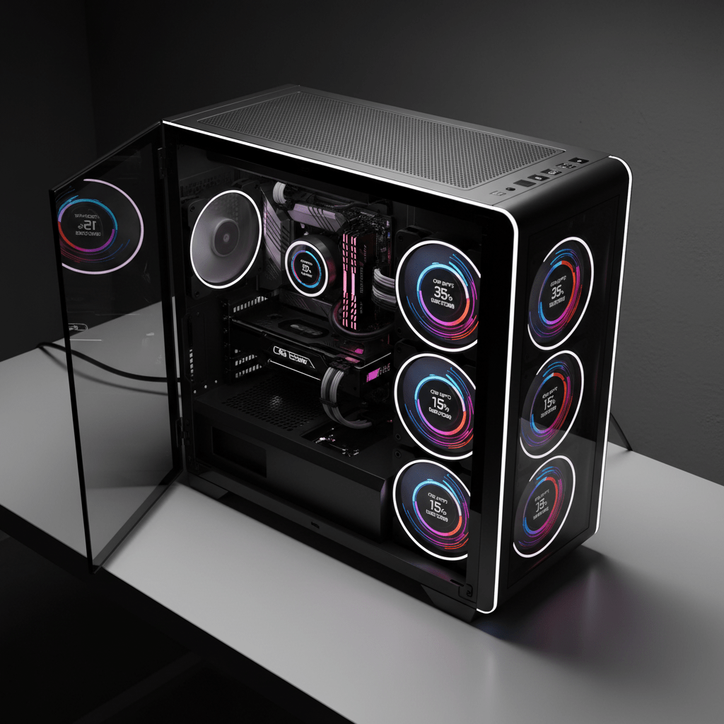 Custom PC case with luminous fans displaying real-time system performance and kinetic visuals.
