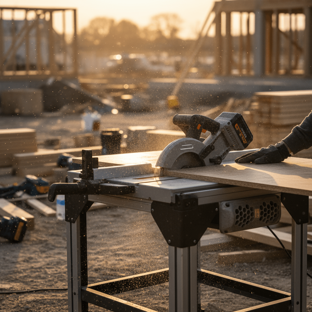 Carpenter uses a futuristic cordless table saw to cut engineered lumber on a construction site.