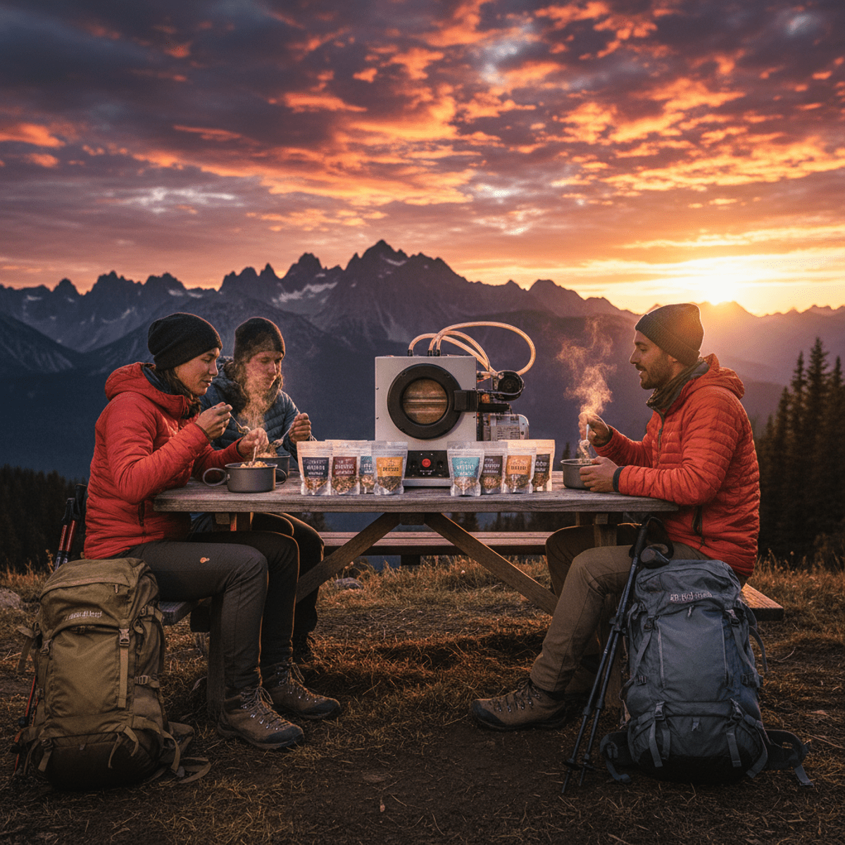 Freeze dryer on campsite table with gourmet meals during a dramatic alpine sunset.