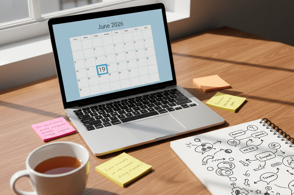 Desk setup featuring laptop with significant date marked amidst casual brainstorming materials under soft natural light