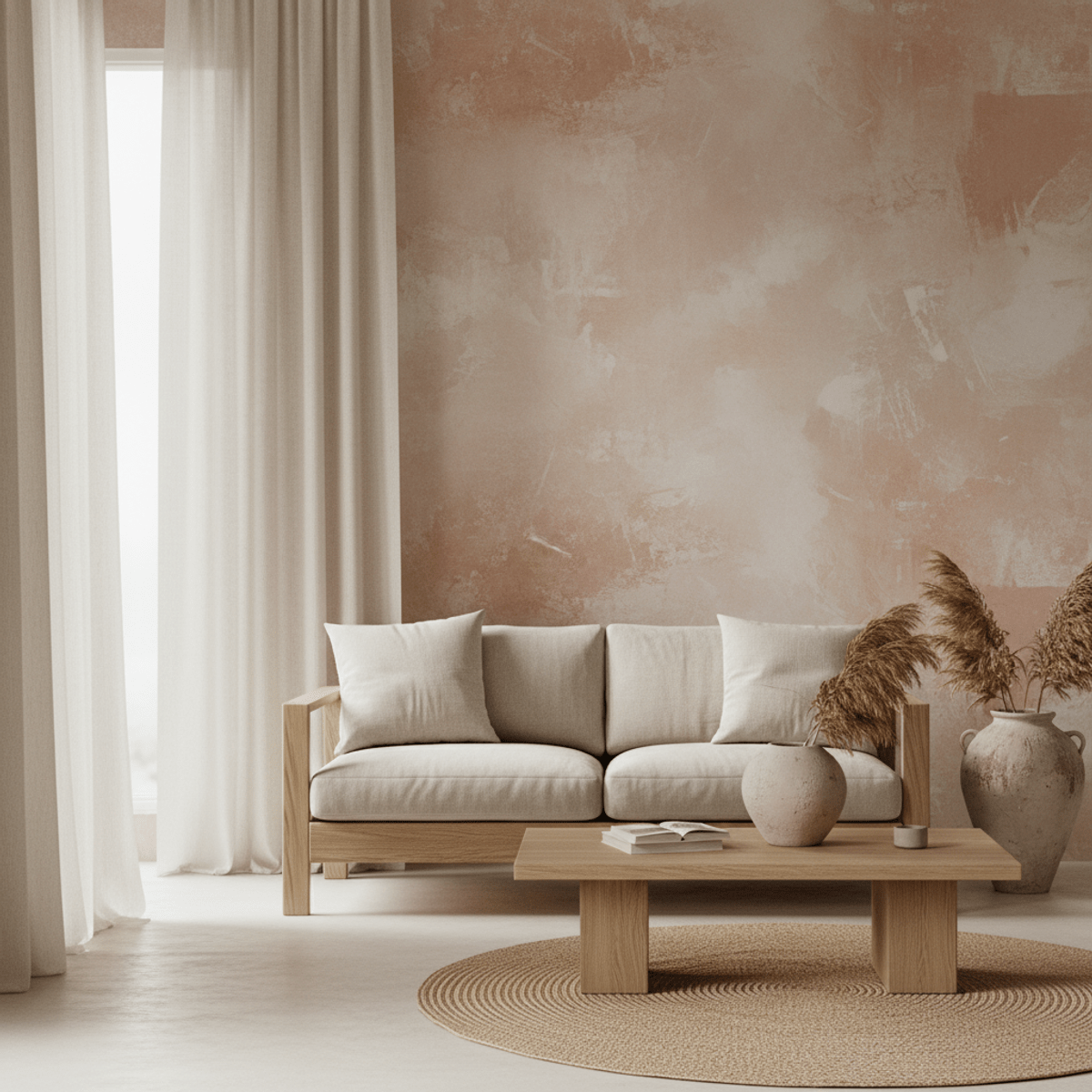 Minimalist Japandi living room with Venetian plaster and oak furniture Serene Japandi living room featuring Venetian plaster walls and minimalist oak furniture.