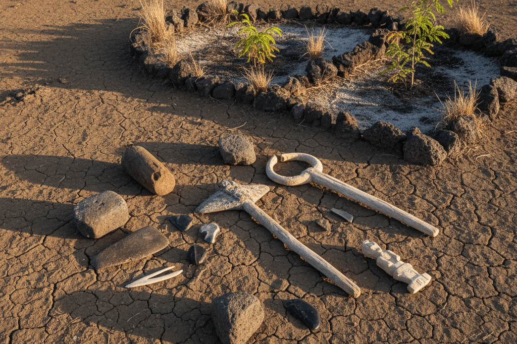 Medium shot of weathered stone and wooden tools beside terraced volcanic soil features and native plants on Easter Island