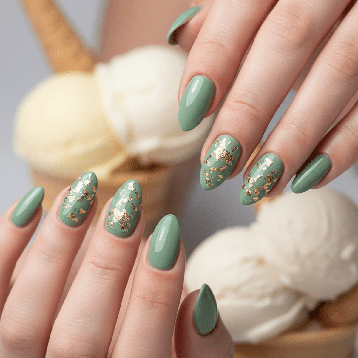Elegant almond nails with pistachio gel polish and genuine gold leaf accents.