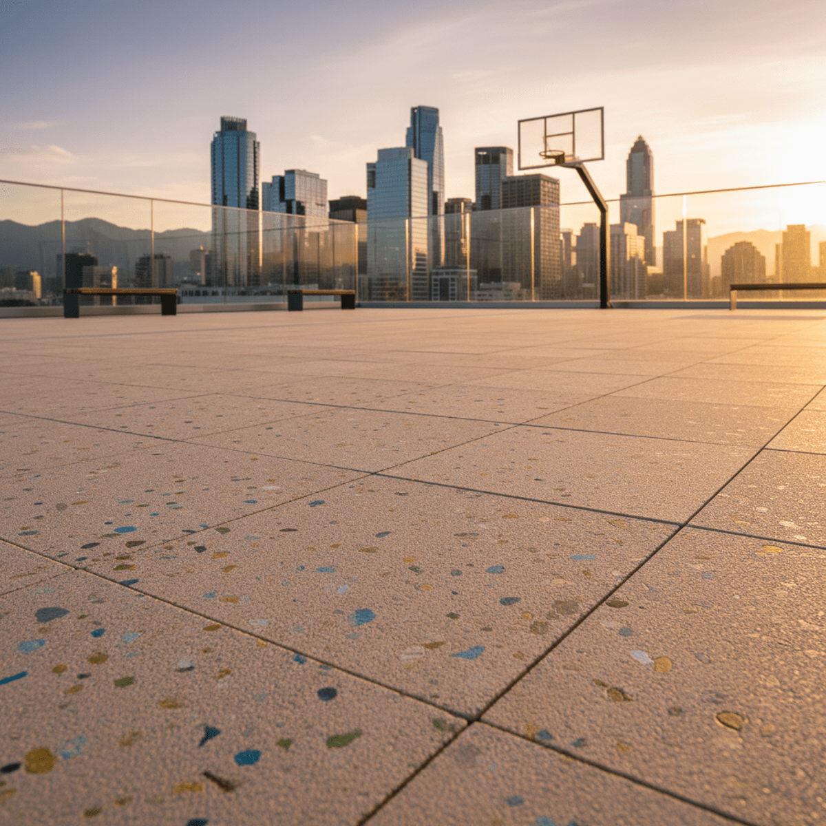 Modern rooftop sport court with recycled polymer tiles at golden hour.