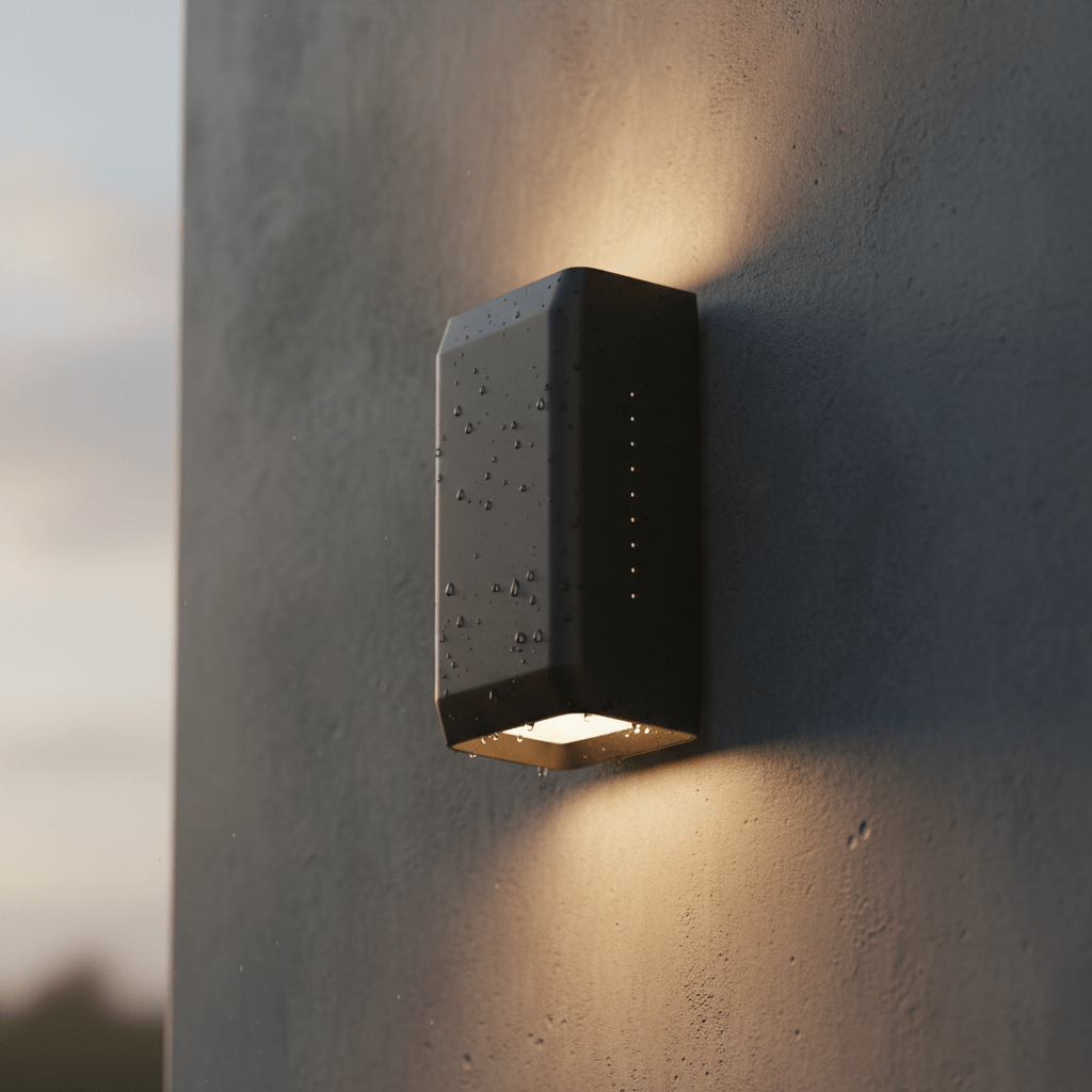 Sleek minimalist laser bug zapper outdoor light fixture Minimalist wall-mounted bug zapper light fixture with warm LED downlight at dusk.