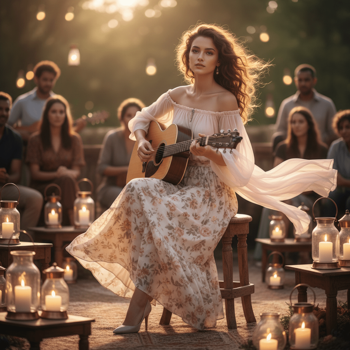 Outdoor concert with woman in chiffon and floral skirt. Young woman in chiffon top and floral skirt at outdoor concert with lanterns.
