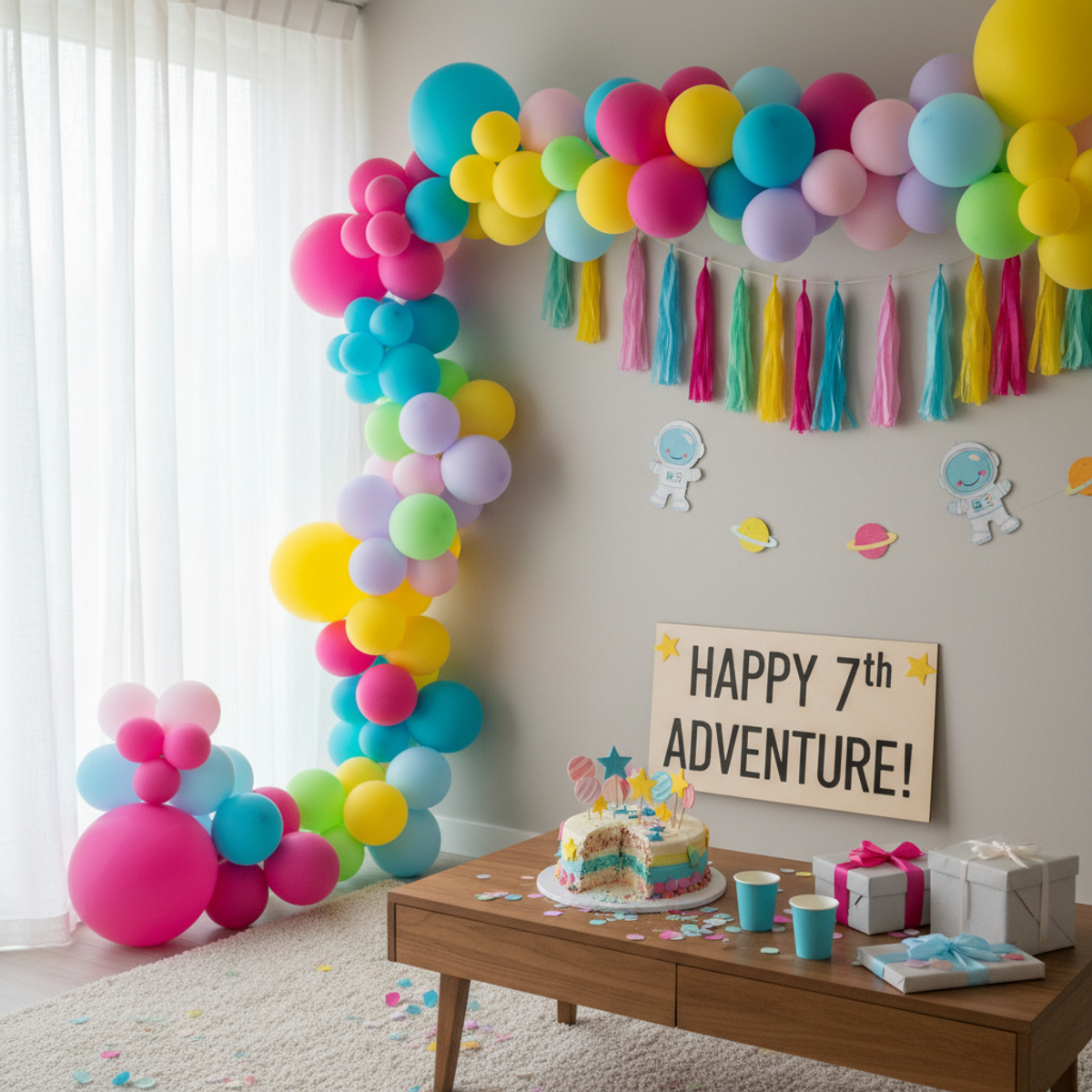 Modular silicone balloon garland in vibrant colors for a birthday party.