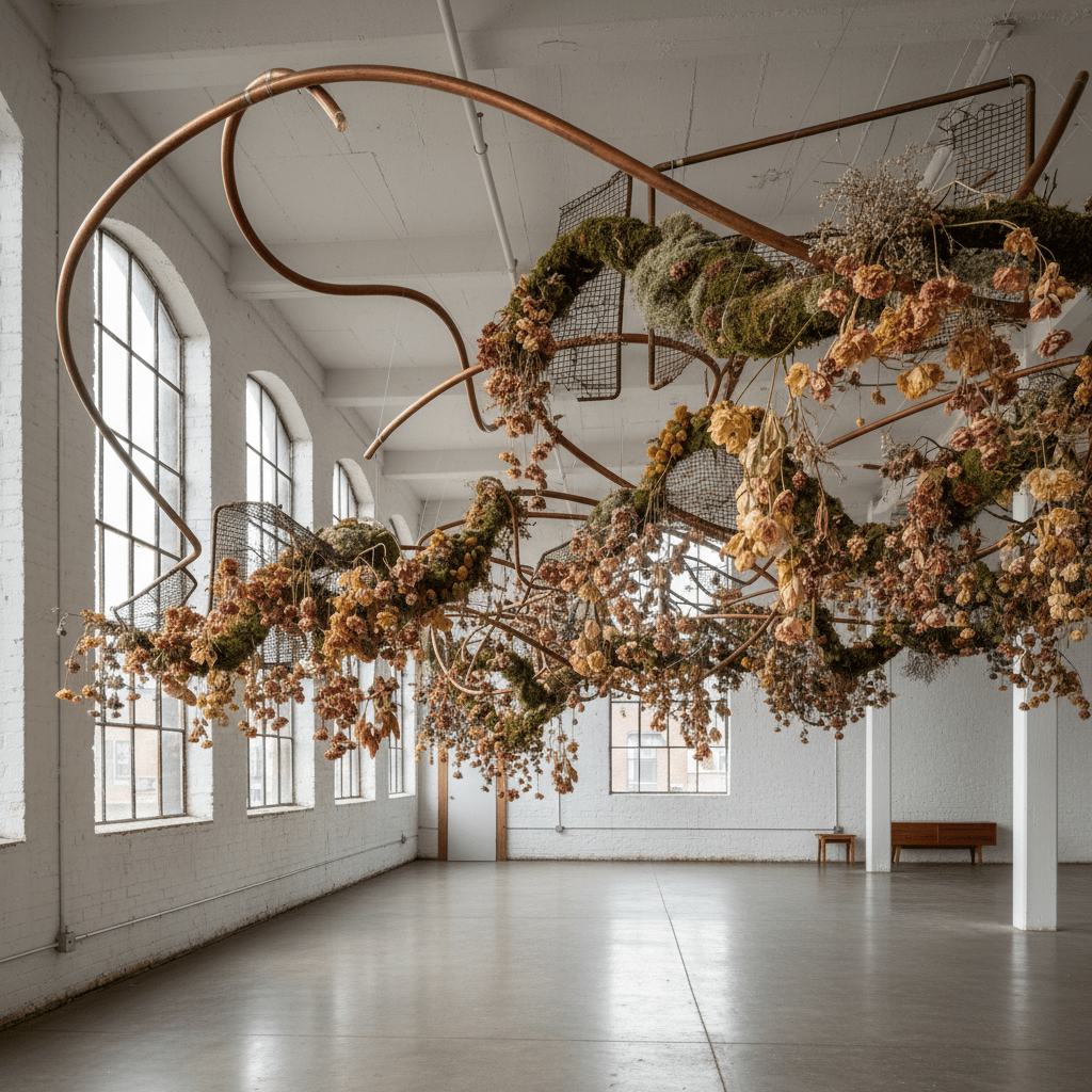Intricate dried flower and moss sculpture with bent copper piping in a loft.
