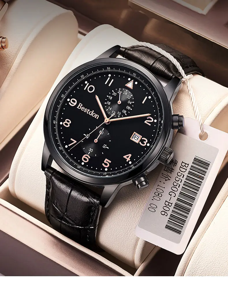 Bestdon BD5550G Elegant Blue Glass Two Time Zone Stylish Watch Genuine Leather Arabic Number Mens Luxury Watch