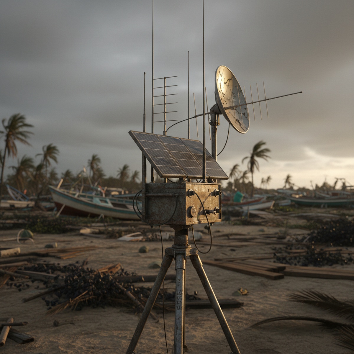 Rugged solar radio relay station on tripod in storm-ravaged coastal landscape.
