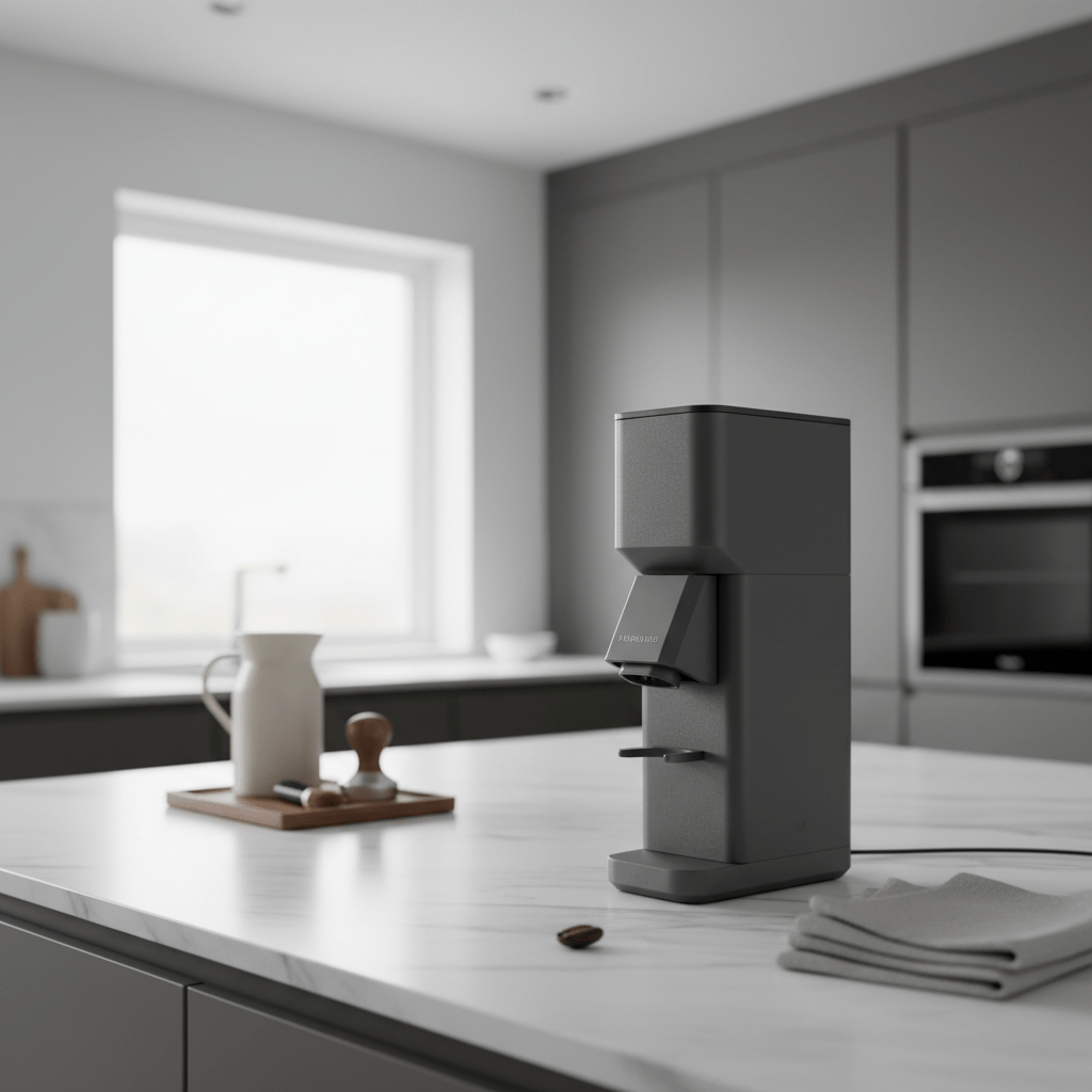 Sleek matte coffee grinder on white marble countertop in modern kitchen.