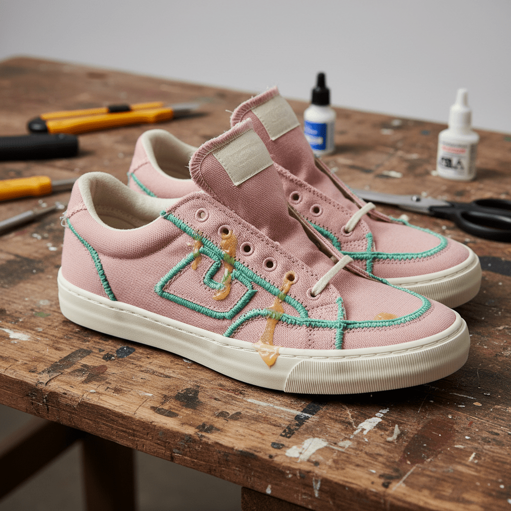 Deconstructed pink and green canvas sneakers with exposed foam on a rustic wooden workbench.