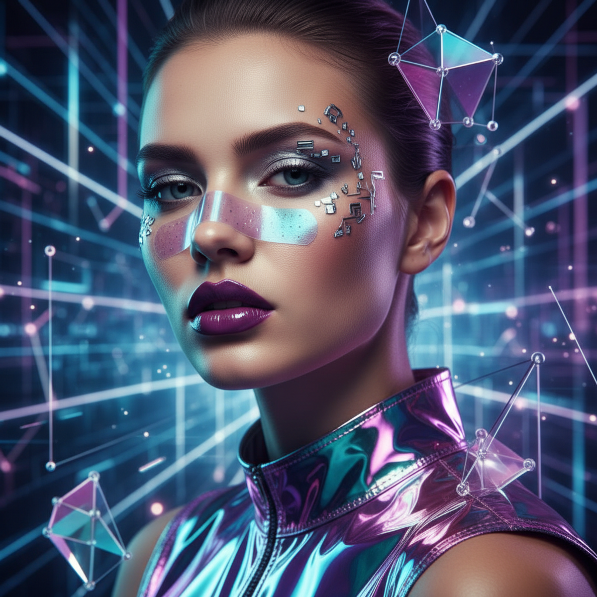 Futuristic model with holographic bandaid, iridescent material, and cyber makeup.