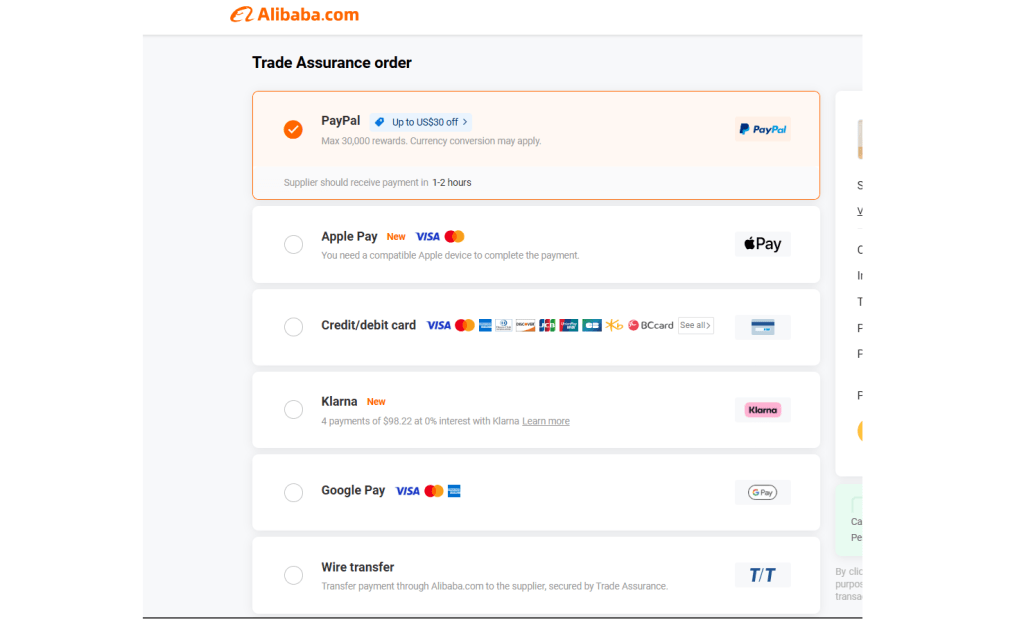 Buyers can choose from the payment methods available on Alibaba.com