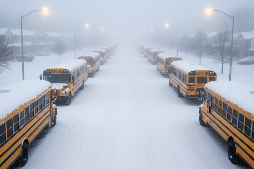 Wide shot of parked school buses covered in snow under dim foggy skies, illustrating weather disruptions to education