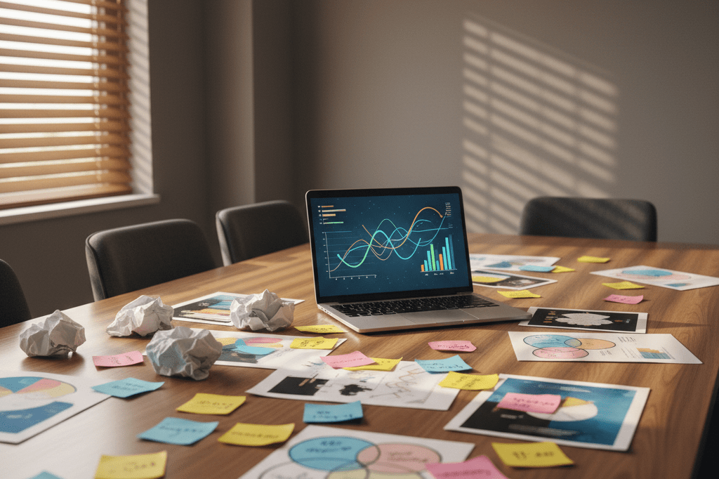 Empty meeting table with marketing charts and mockups under natural light symbolizing strategic brand positioning