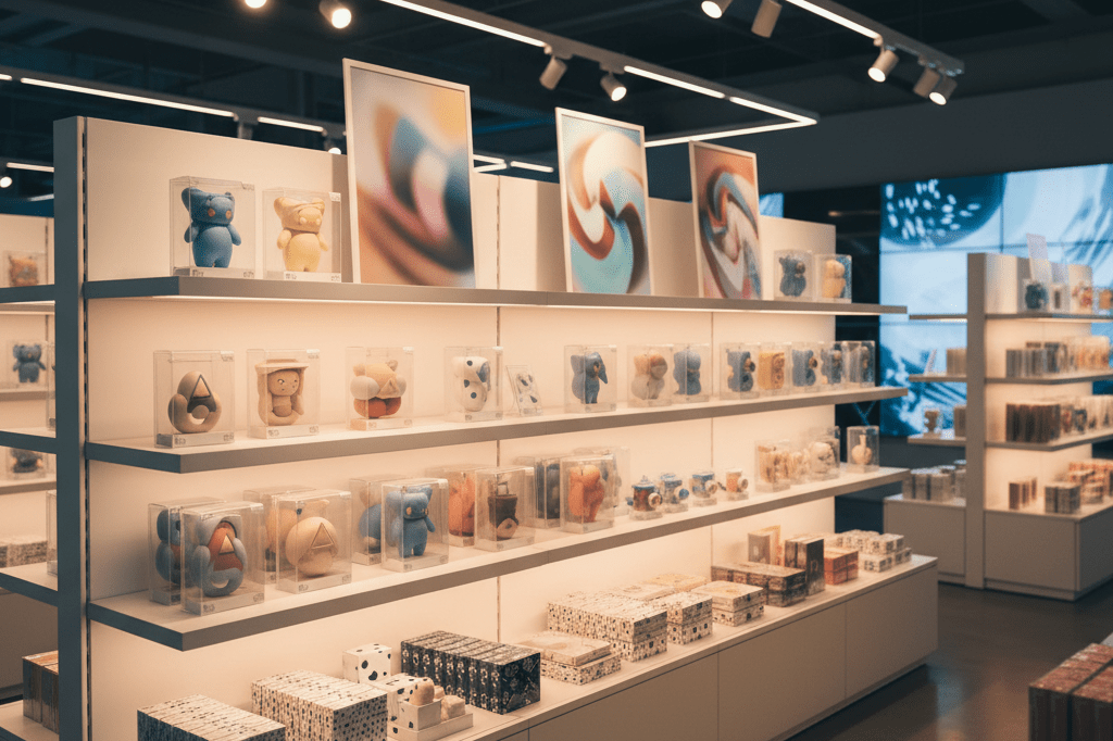 Wide shot of sleek shelves featuring neutral-packaged animation collectibles in a softly lit retail space
