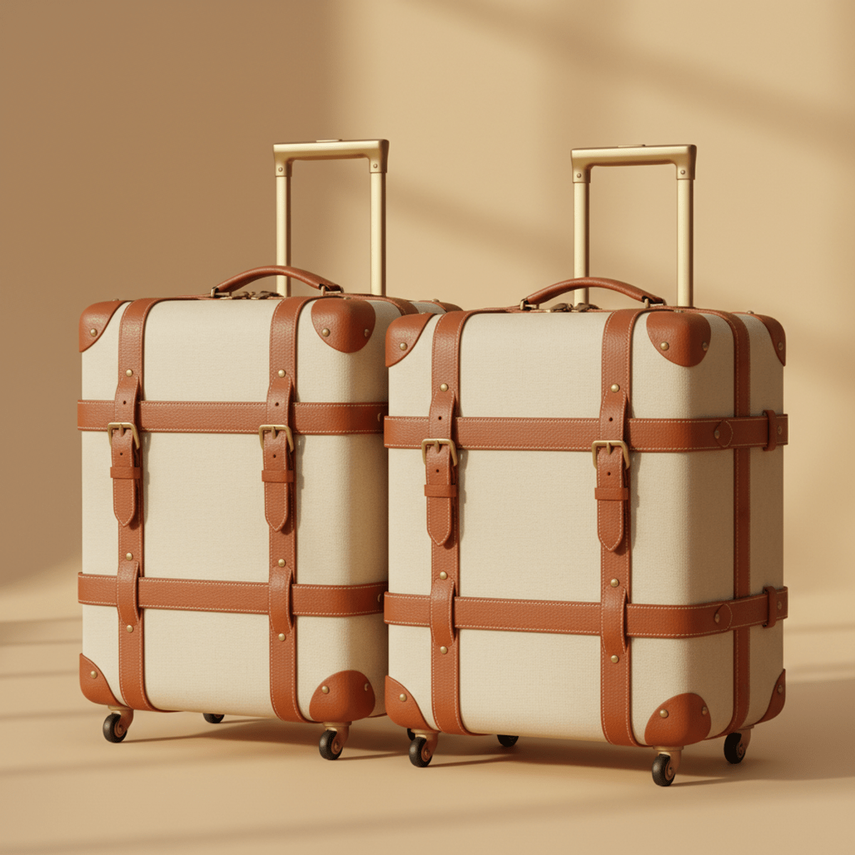 Vintage-styled trolley bags with leather and brass details Luxury vintage trolley bags with rich brown leather straps and brass hardware.