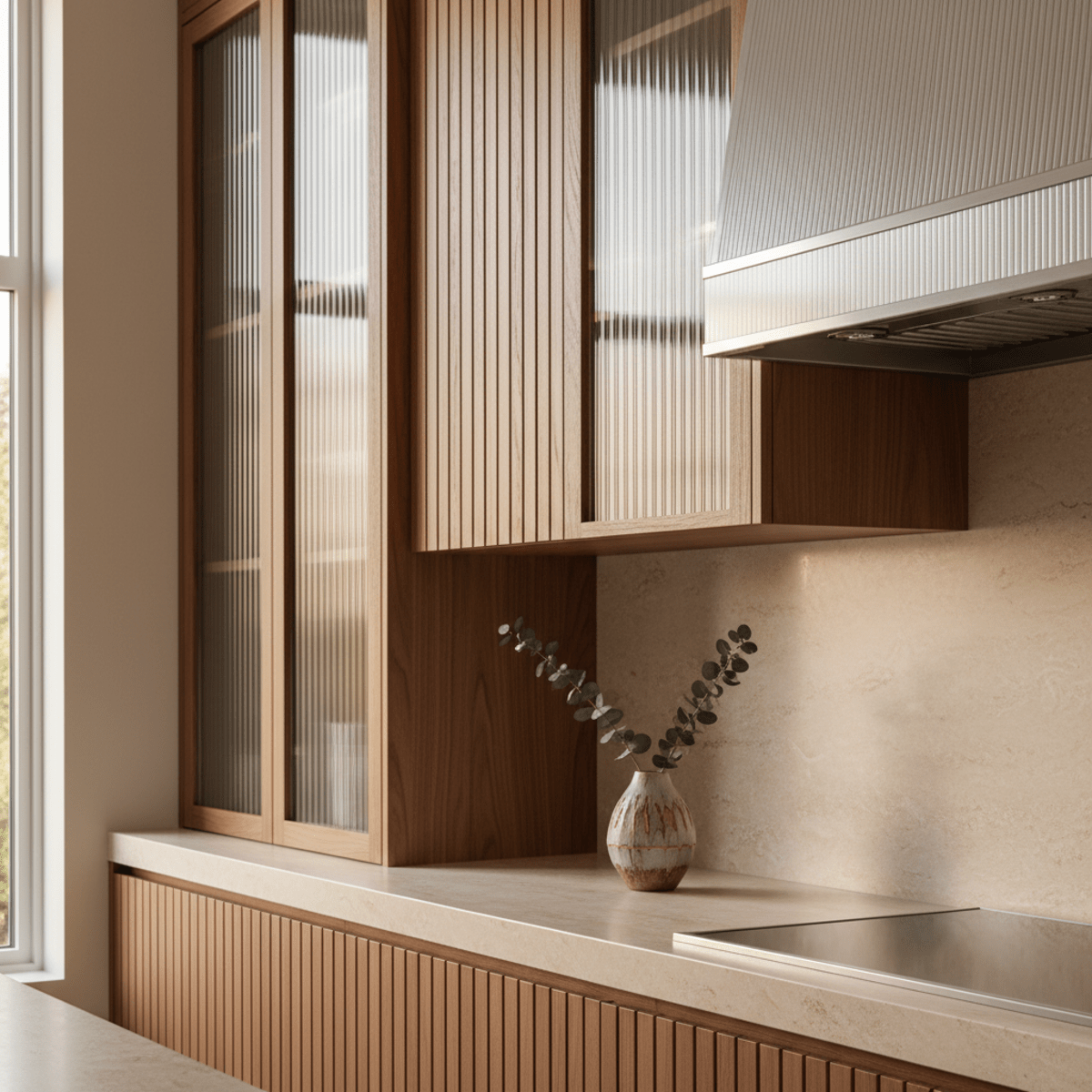 Sophisticated kitchen surfaces with fluted wood paneling and reeded glass textures.