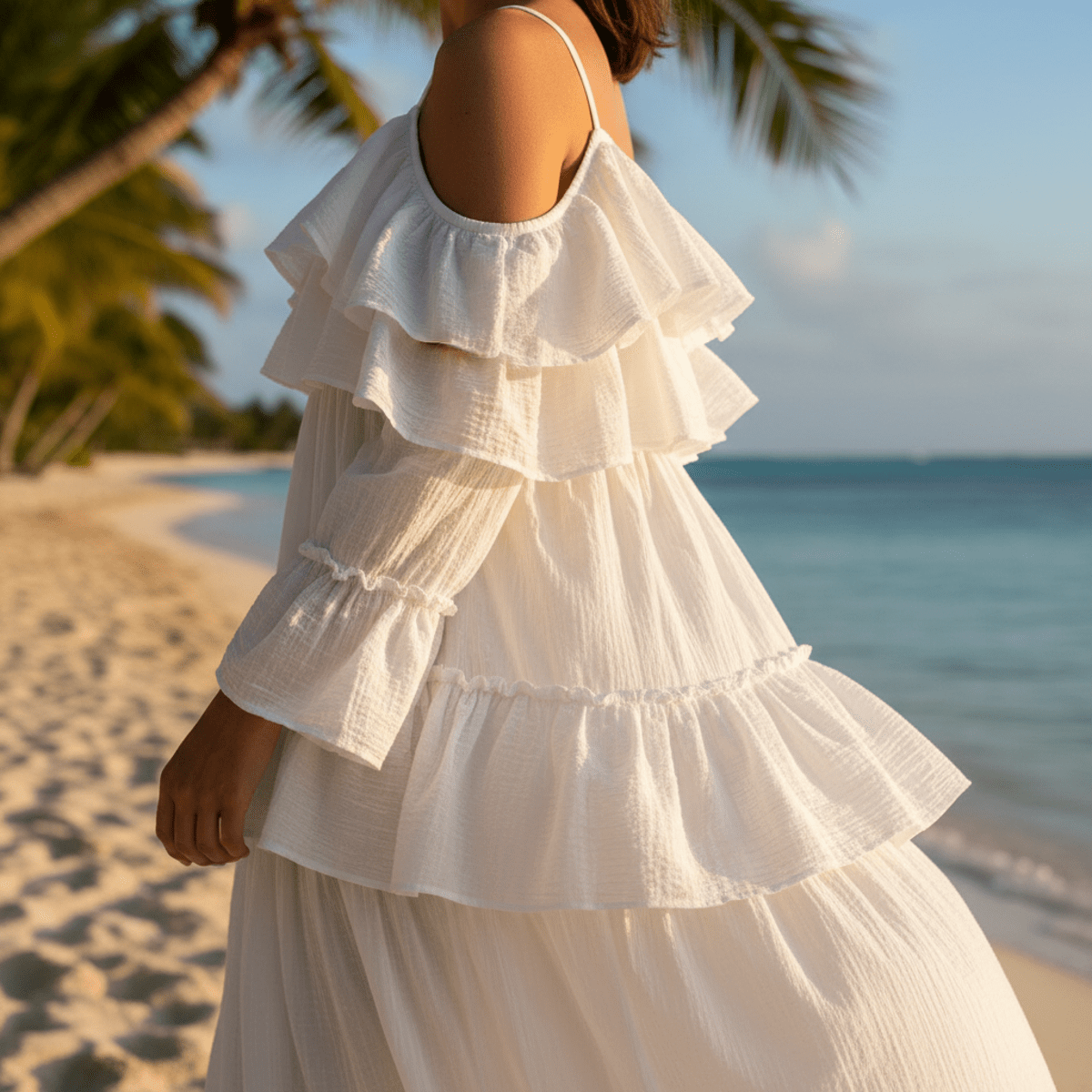 White cotton poplin dress with multi-tier ruffles flowing in ocean breeze.