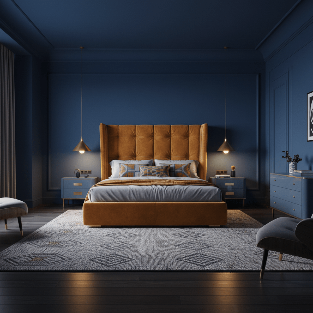 Luxury retro-futuristic bedroom with deep blue walls and ochre velvet headboard.