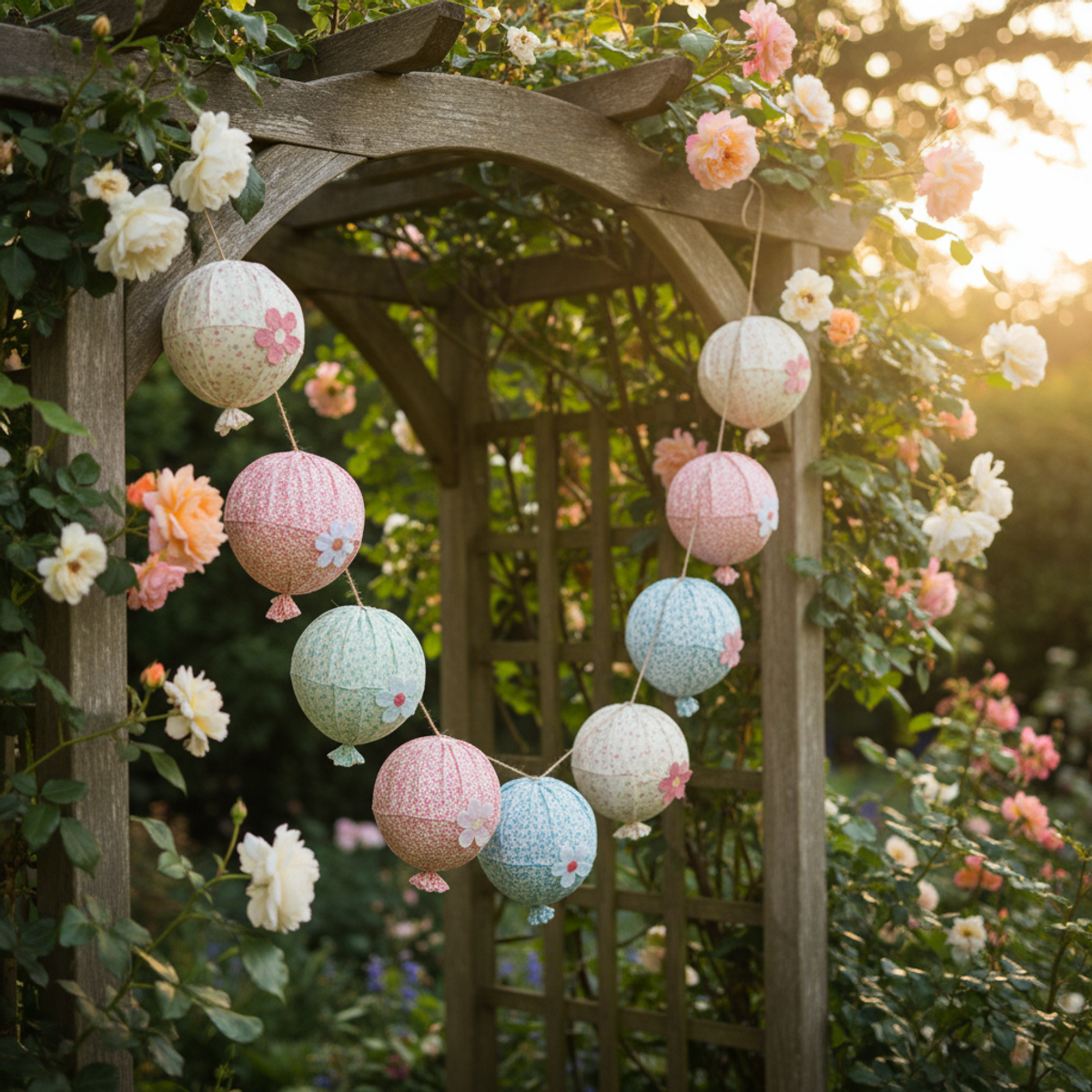 Fabric balloon garland with embroidered flowers on a rustic garden arch.