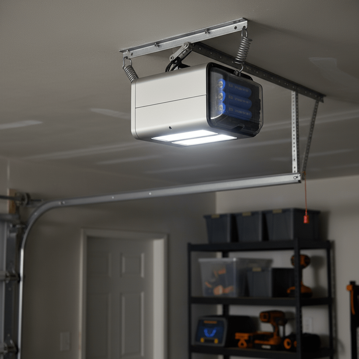 Sleek modern garage door opener illuminates a dark residential garage interior.