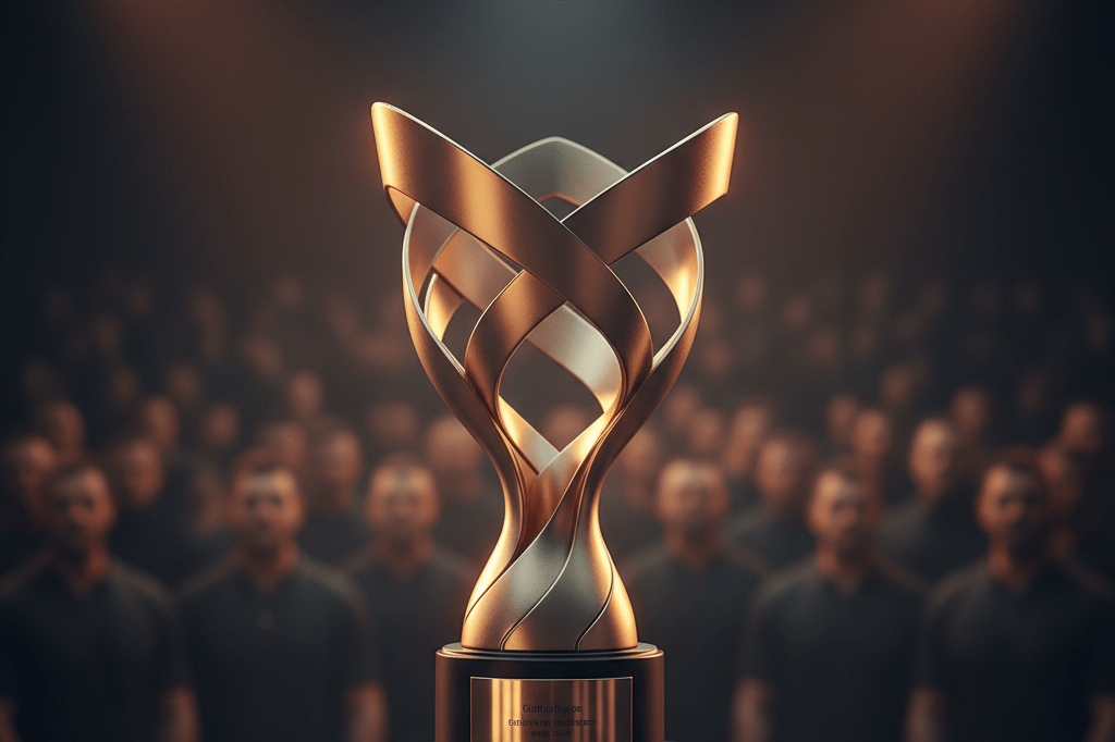 Metallic championship trophy on dark podium with warm stage lighting and blurred audience background