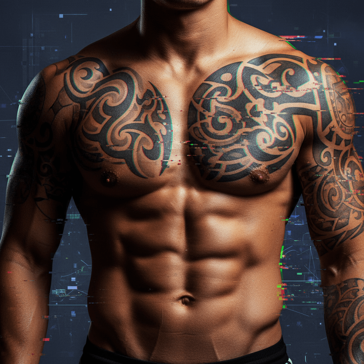 Male torso with neo-tribal tattoos fused with digital glitch elements and RGB overlays.