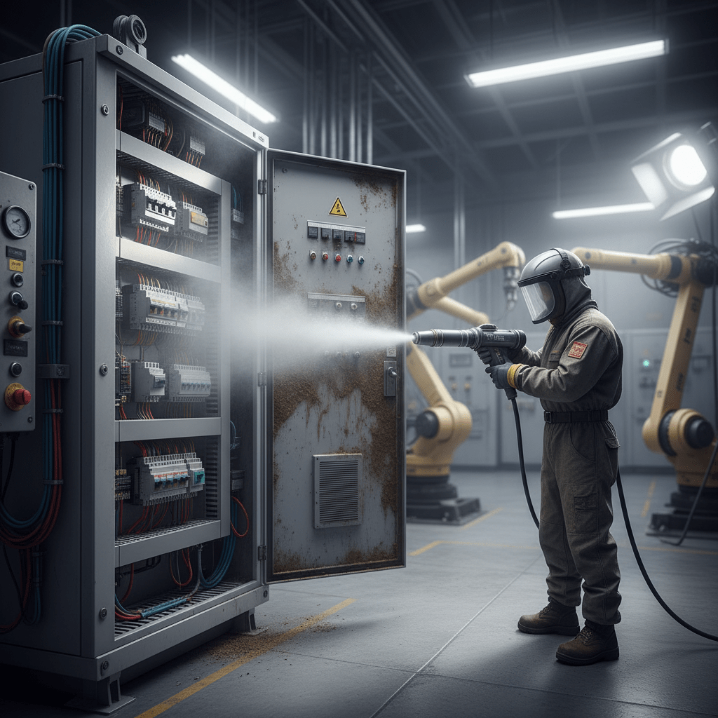 Technician using dry ice blasting to clean a dusty industrial power panel.