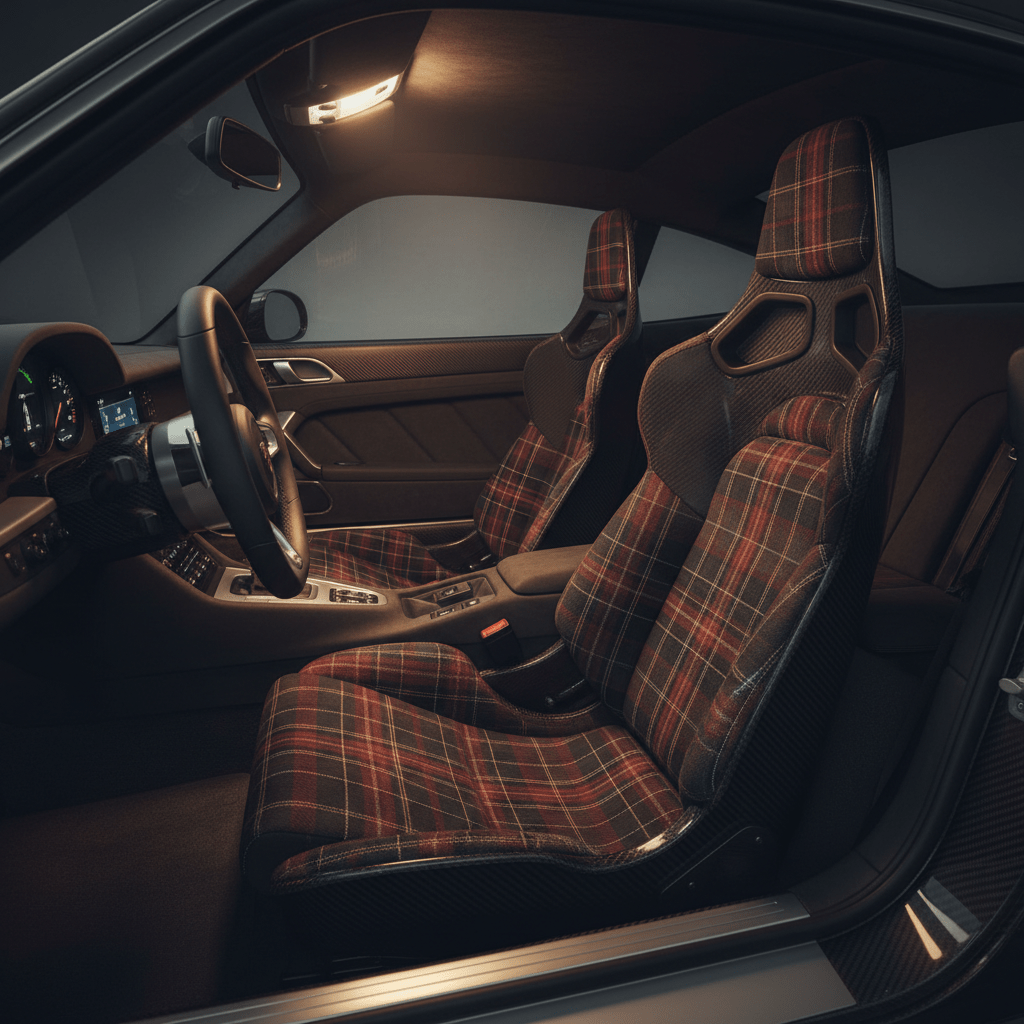 Restomod sports car interior with carbon bucket seats and tartan plaid upholstery.