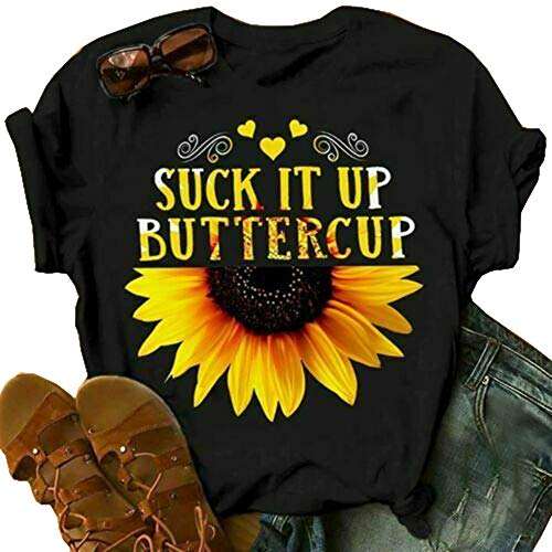 Chic Street Style Girls White Short Sleeve Crew Neck Suck It Up Buttercup Sunflower Graphic Contrasted Fit Crop
