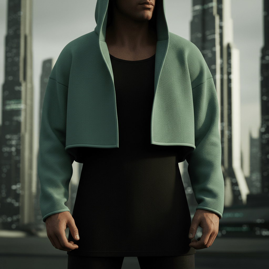 Streetwear hoodie in muted green with crisp fabric edges against a futuristic city.