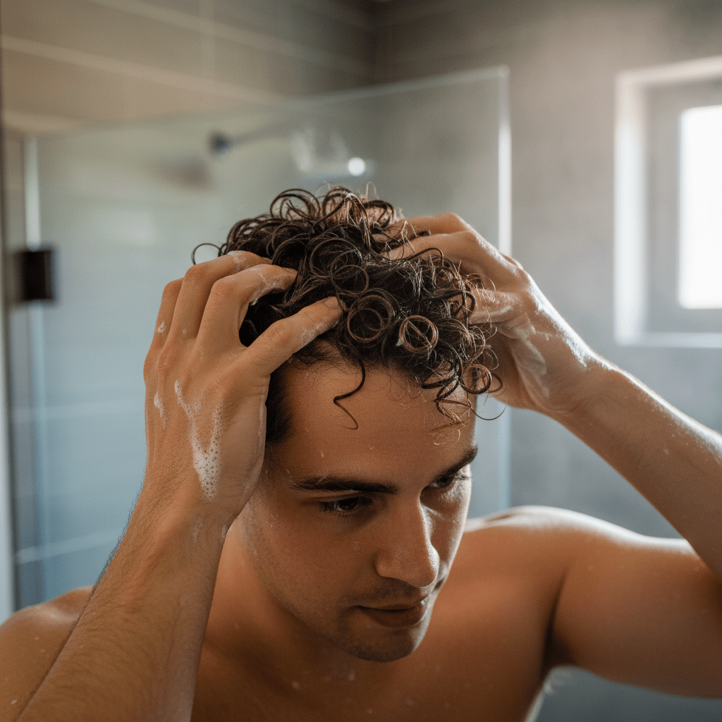 Man scrunching wet curls with mousse for natural definition in warm bathroom light.