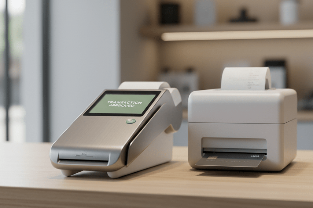 Close-up view of a sleek credit card terminal under natural light, highlighting clarity and trust in digital commerce