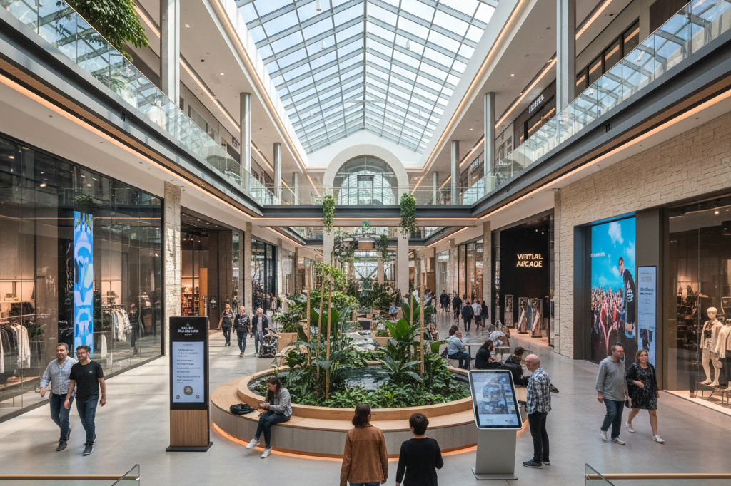 Wide-angle view of a stylish mall interior combining shops, dining areas, and greenery under natural light