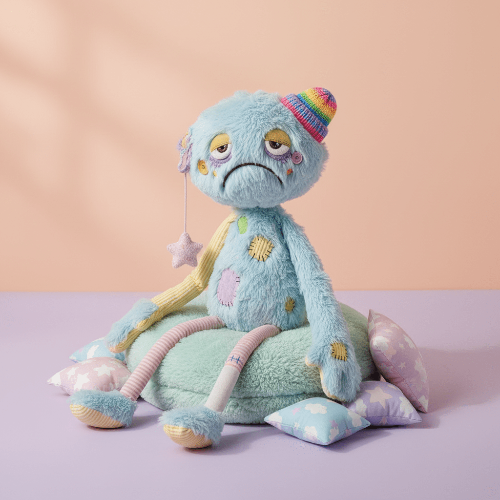 Whimsical plush creature with unique proportions on a pastel studio backdrop.