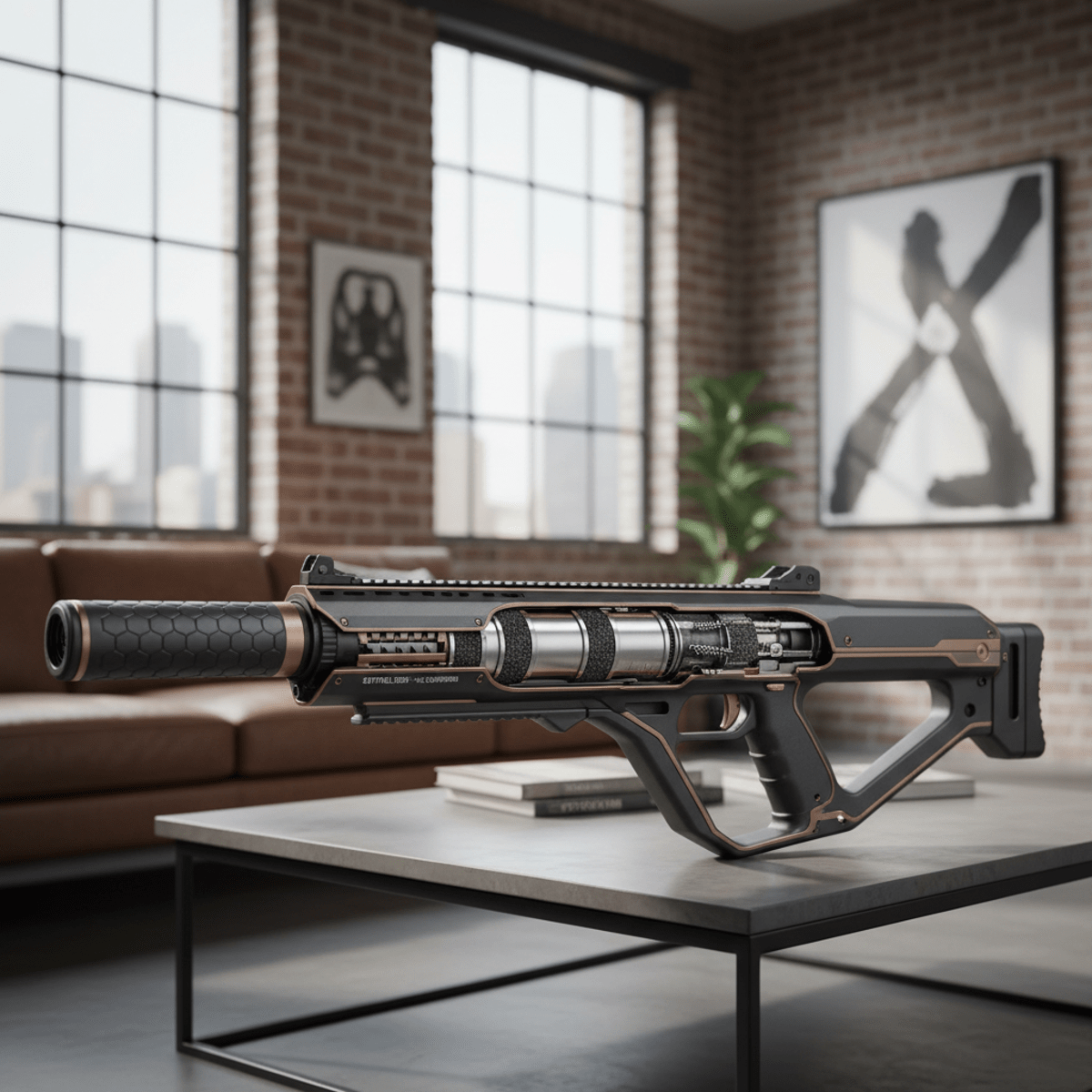 Advanced internal mechanics of a tactical BB gun Cross-section of a sleek tactical BB gun revealing advanced internal mechanics and sound suppression.