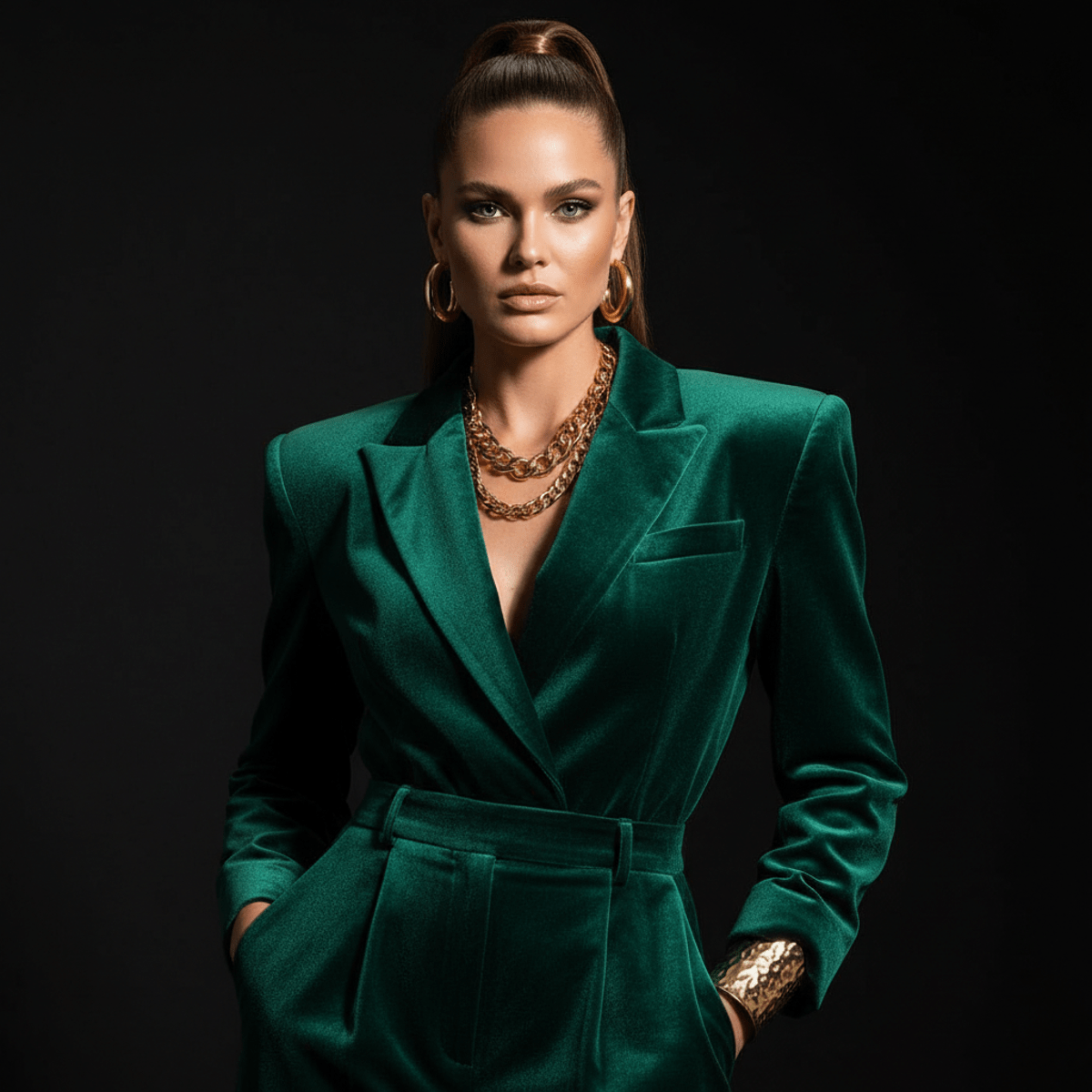 Model in 80s fashion with chunky gold jewelry and dramatic lighting.