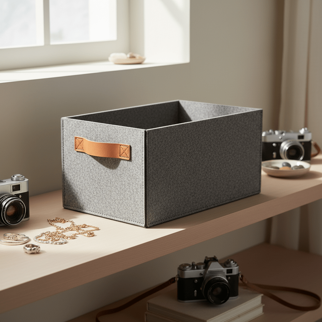 Luxurious recycled felt storage box with leather accents on a shelf.