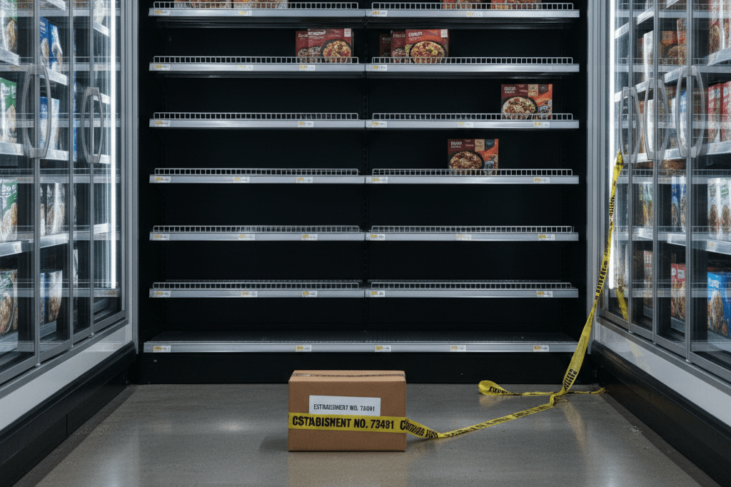 Empty frozen food aisle with isolated recall products under safety protocols Grocery store aisle with empty shelves and taped-off box indicating frozen food recall and inventory isolation