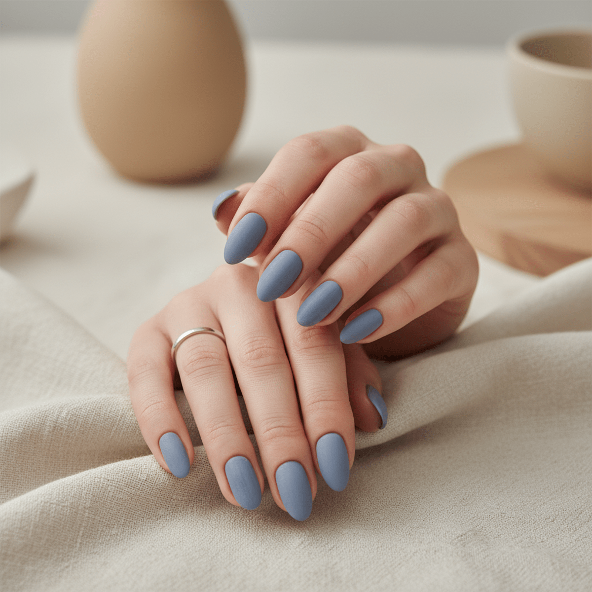 Hands with matte blue nails resting on light linen fabric with a silver ring.