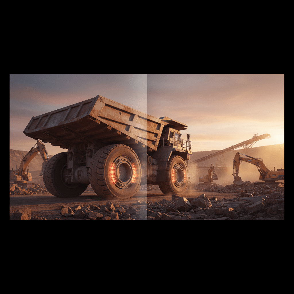 Massive haul truck brake pads glowing from high-temperature use in a gritty mining environment.