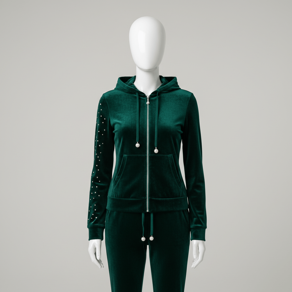 Deep emerald green velvet tracksuit with rhinestones and pearls on a mannequin.